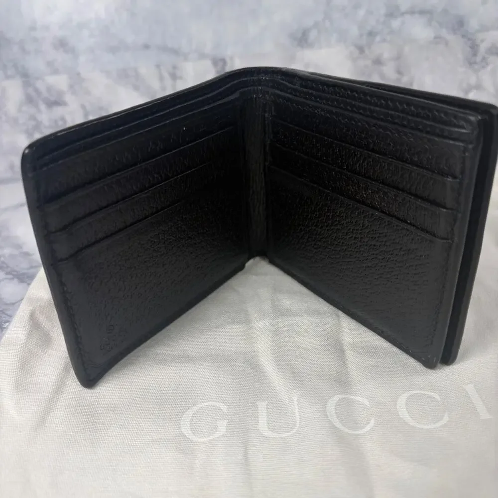 Gucci Men Black Leather Bifold Wallet W/ Gold GG Logo Authentic Unique Pocket